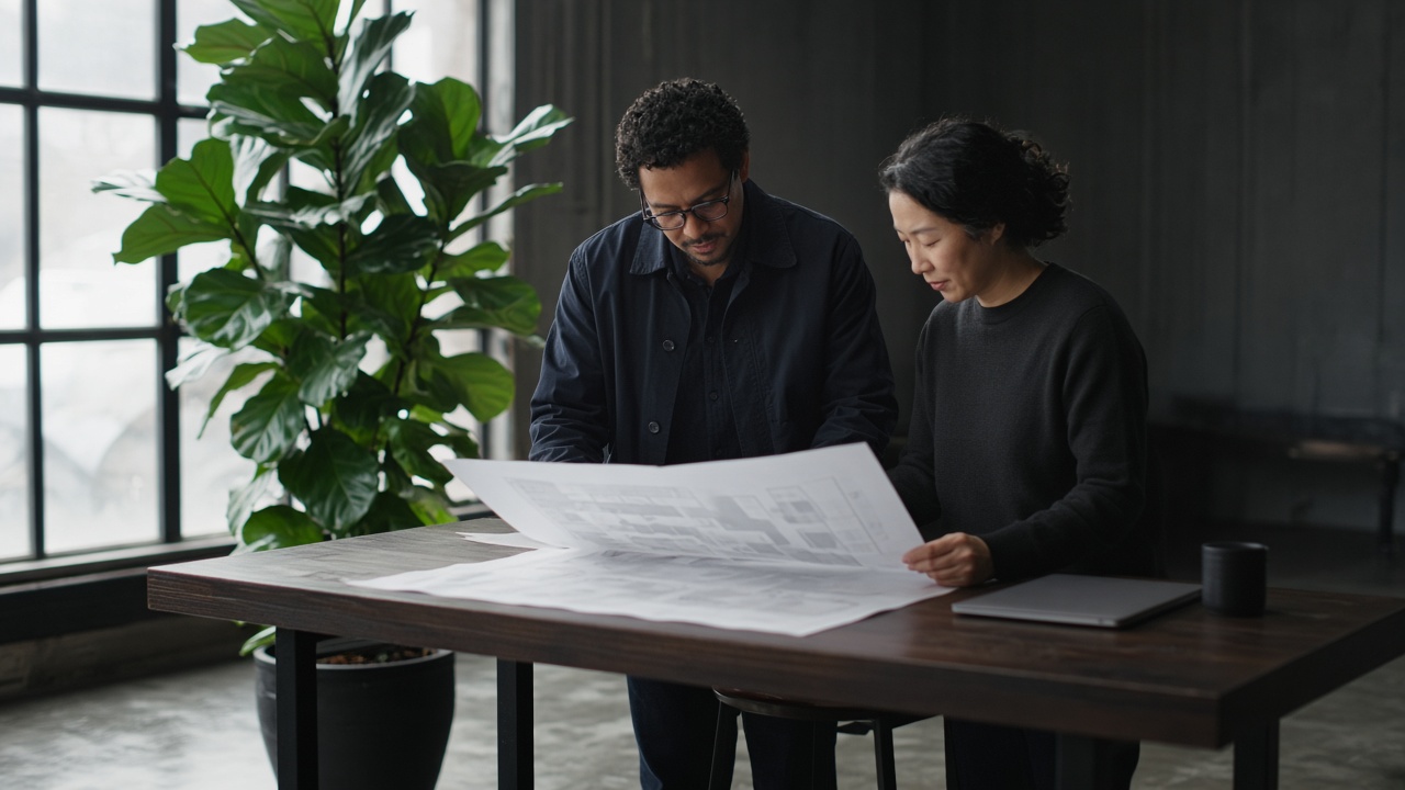 Two people at a standing bench reviewing a large printed sheet.