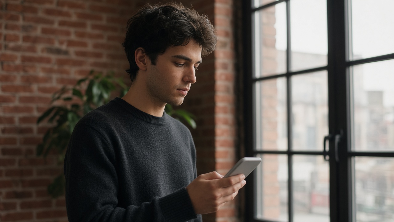 A founder by a loft window looking something up on a phone.