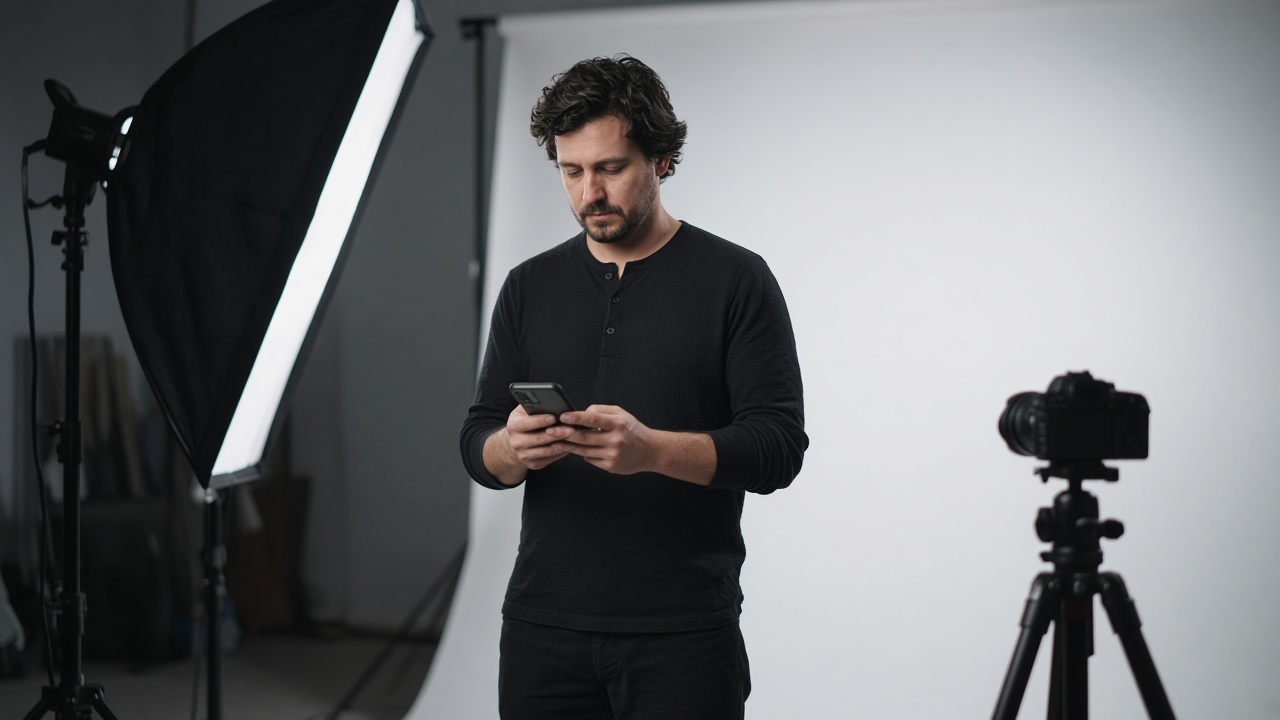 A photographer beside studio lights looking at a phone.