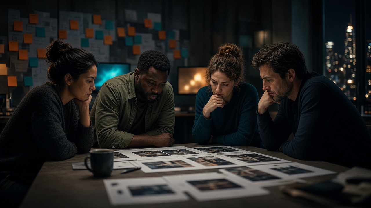 A team around a war room table reviewing printed ad comps.
