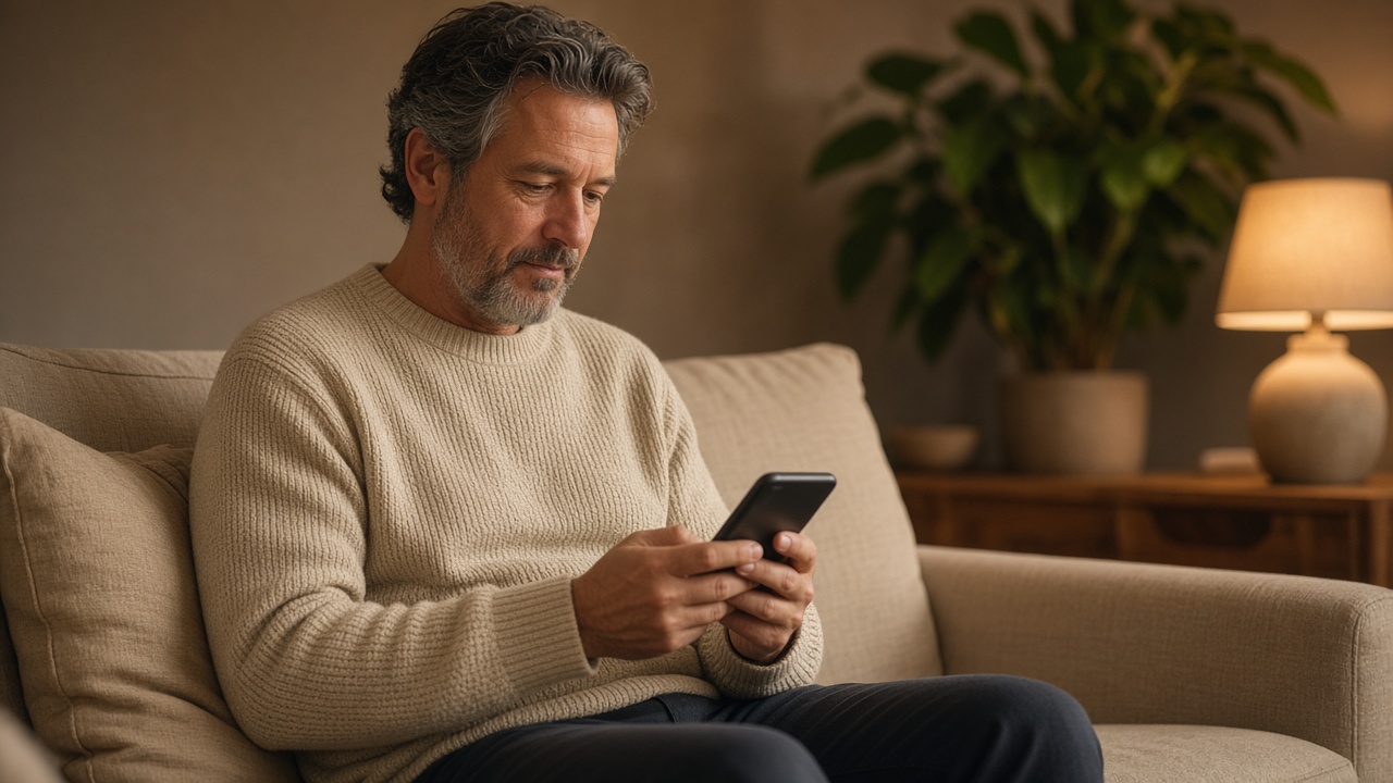 A coach on a linen sofa looking at a phone.