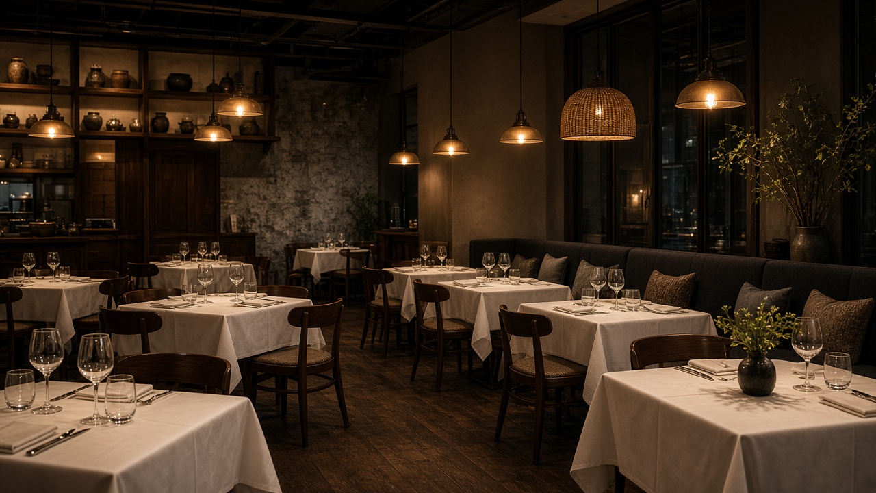 A restaurant dining room set for service with empty tables and warm lights.