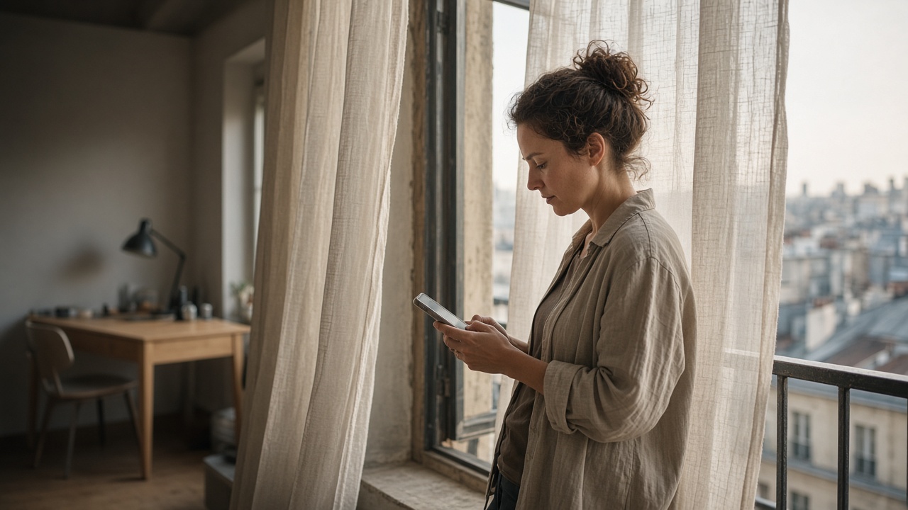 A person on a loft terrace looking at a phone.