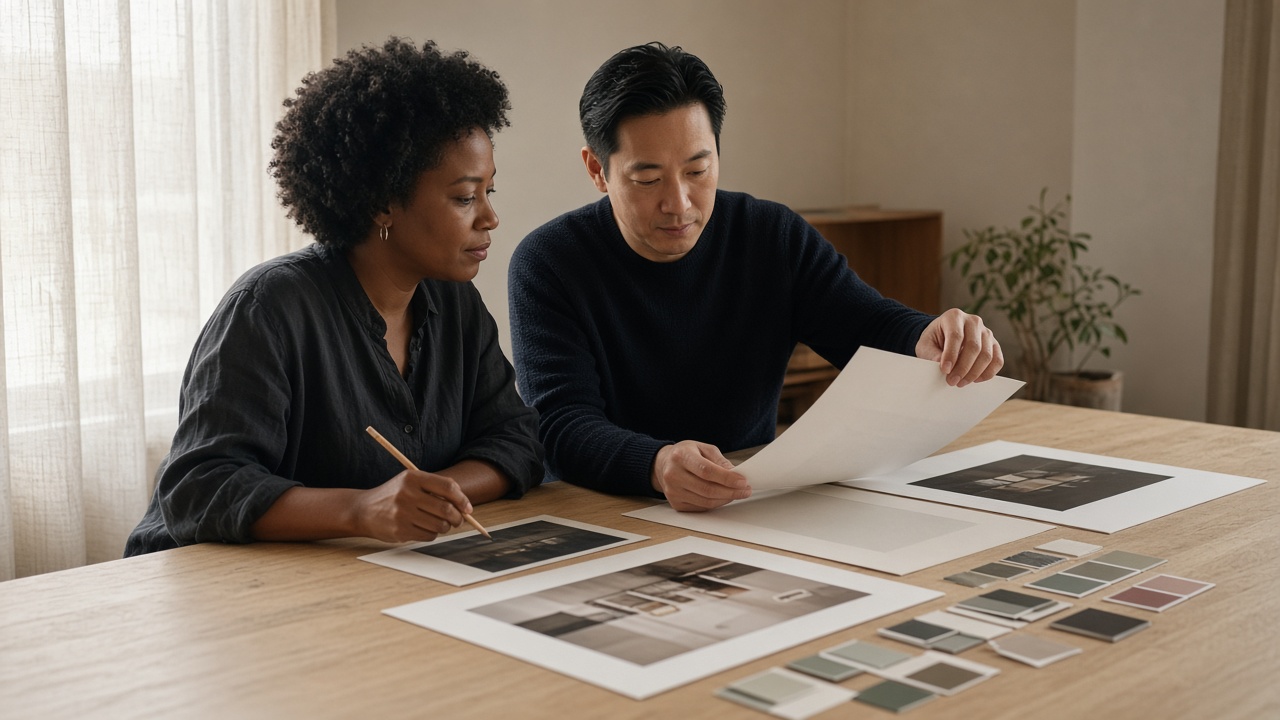 Two designers at a pale desk reviewing printed frames and color chips.