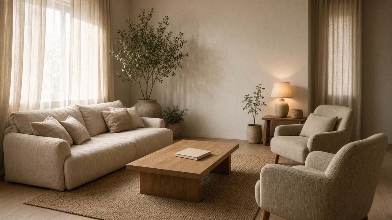 An empty coaching studio with facing chairs, a linen sofa, and plants.