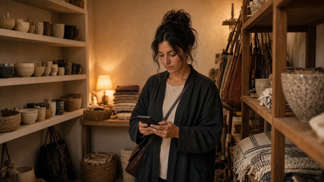 A customer in a boutique looking something up on a phone among the shelves.