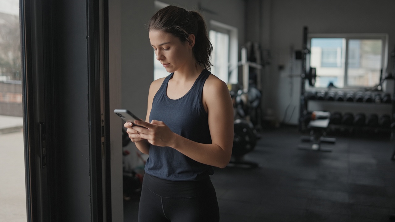 A person looking at a phone in a gym doorway.