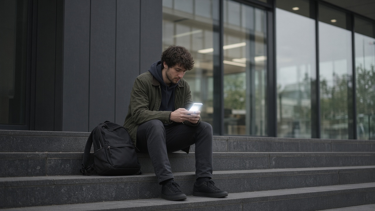 A person on office steps looking something up on a phone.