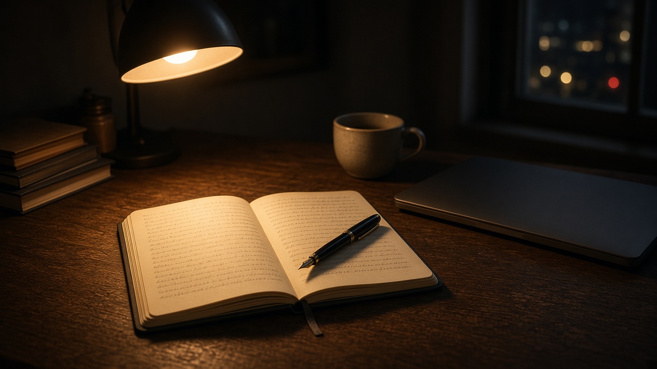 A night writing desk with an open notebook, pen, closed laptop, and a warm lamp.
