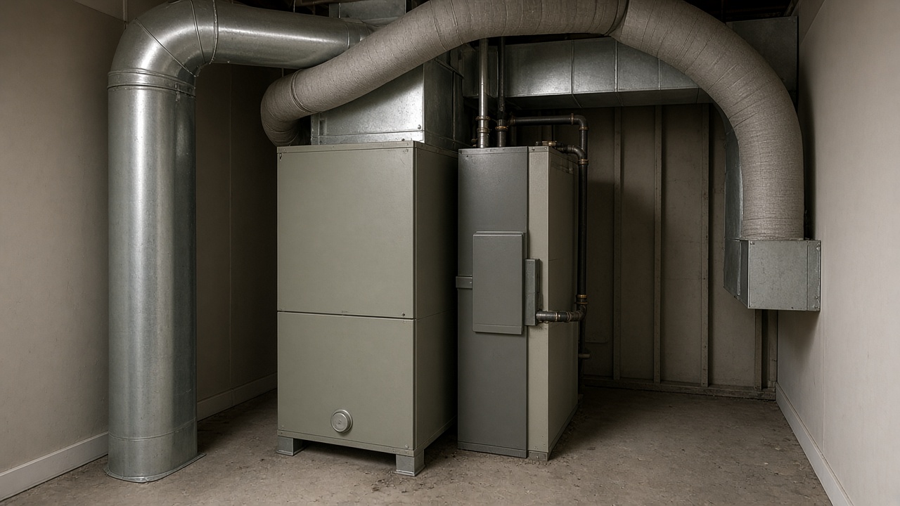 A residential furnace and ductwork in a mechanical closet.