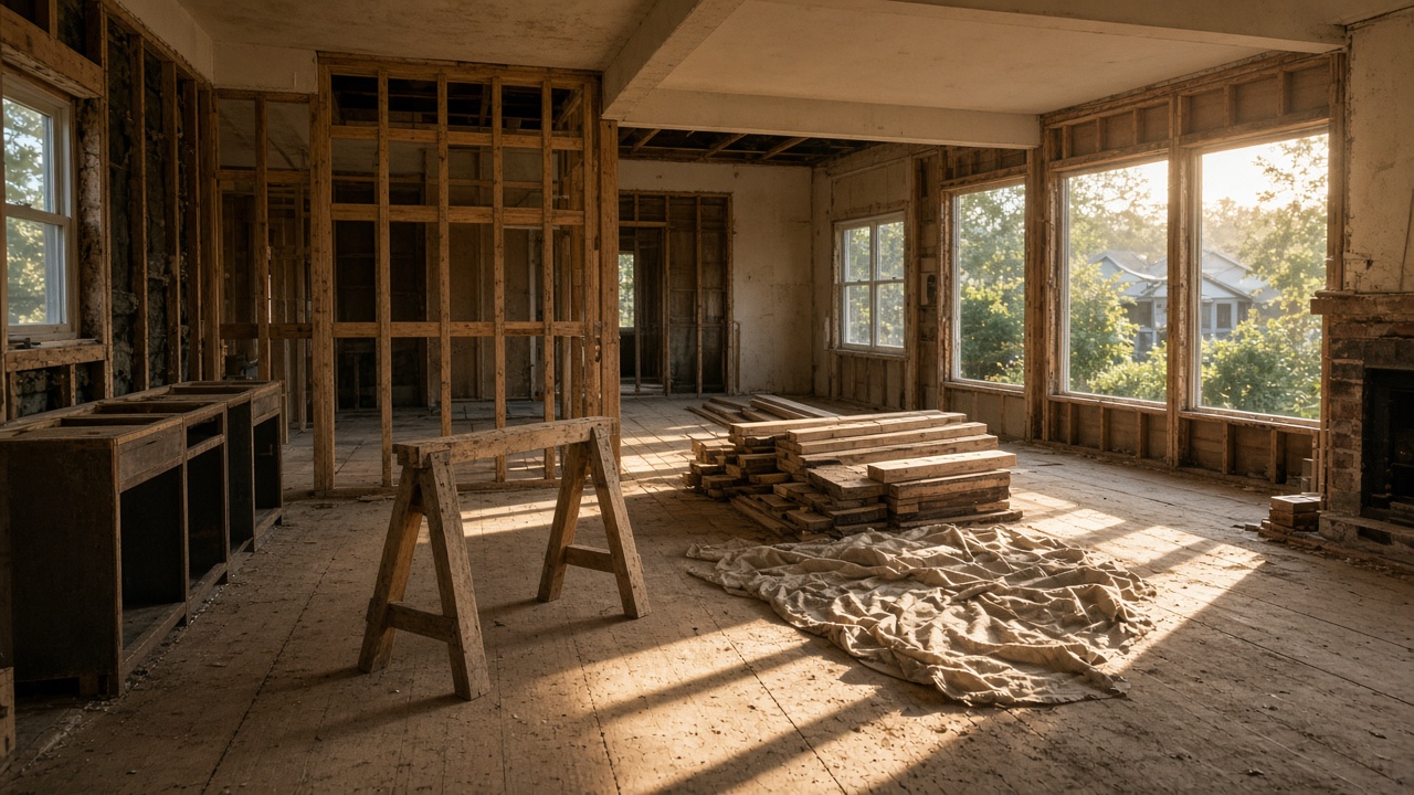 A kitchen remodel in progress with exposed studs and stacked lumber.