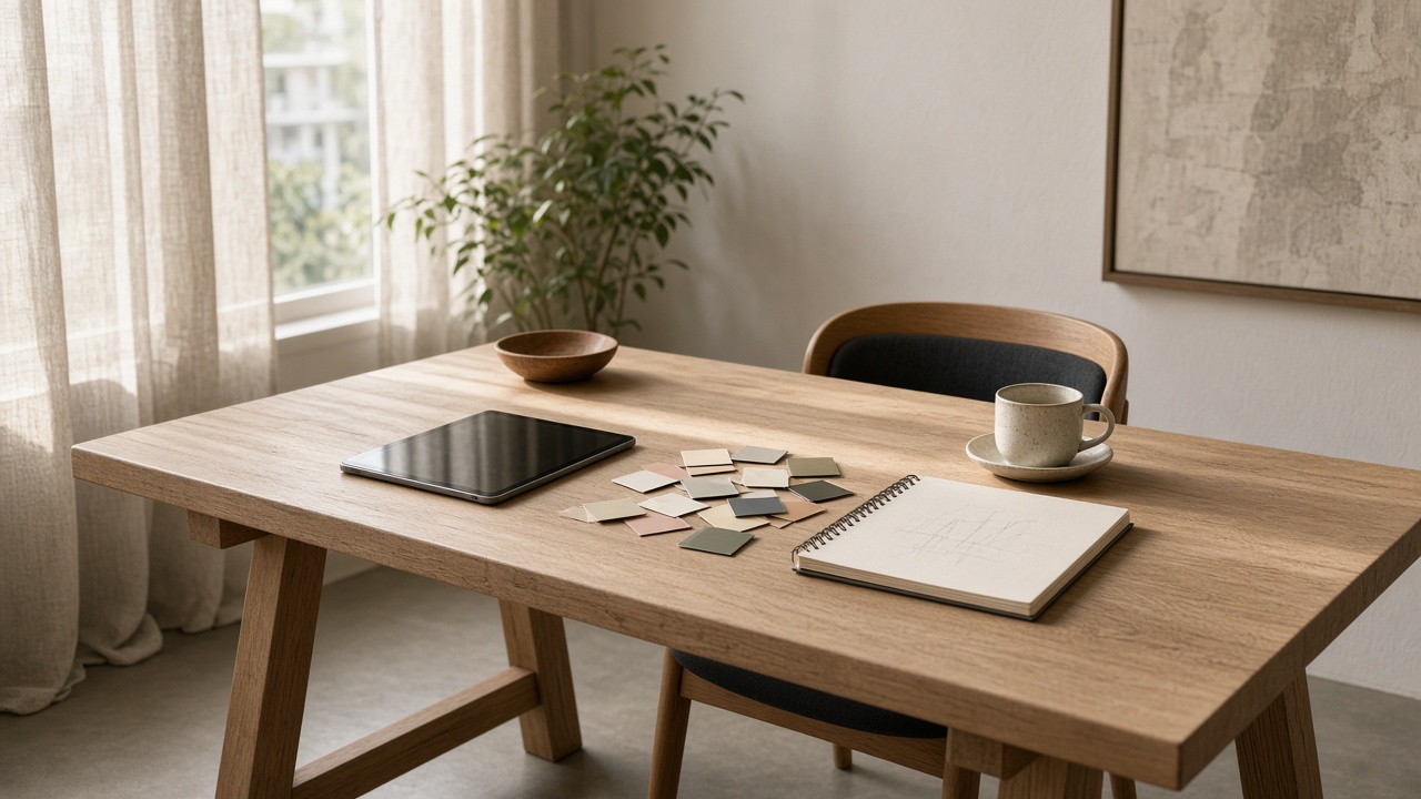 A pale oak desk with a tablet, sketchbook, and color chips in morning light.