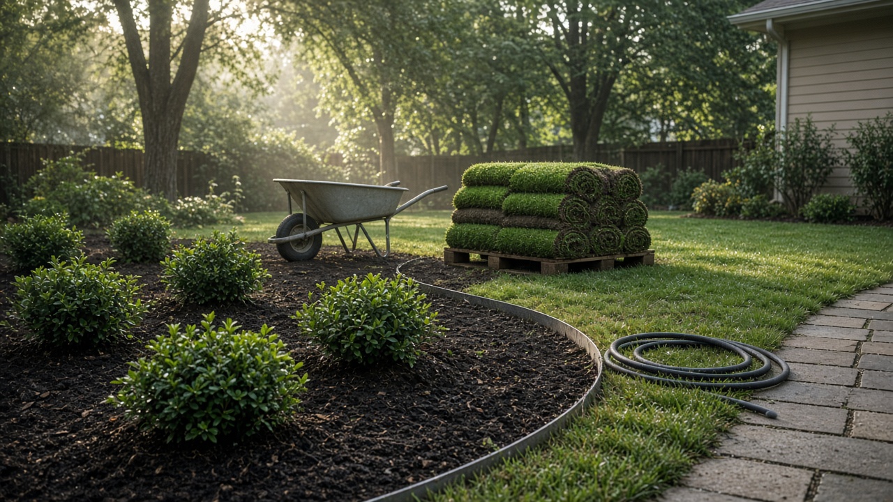 A backyard mid-landscaping with mulch beds, shrubs, and stacked sod.