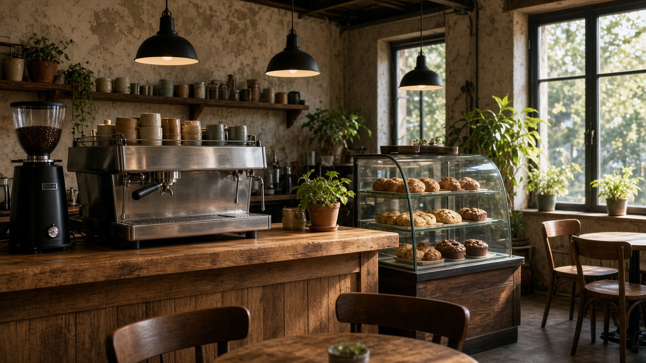 A neighborhood coffee shop bar with an espresso machine and pastry case.