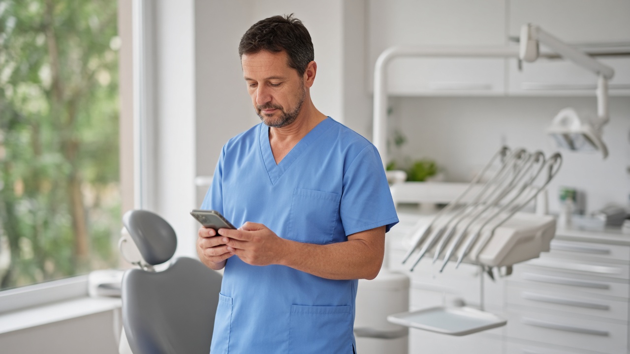 A dentist in scrubs looking at a phone in an operatory.