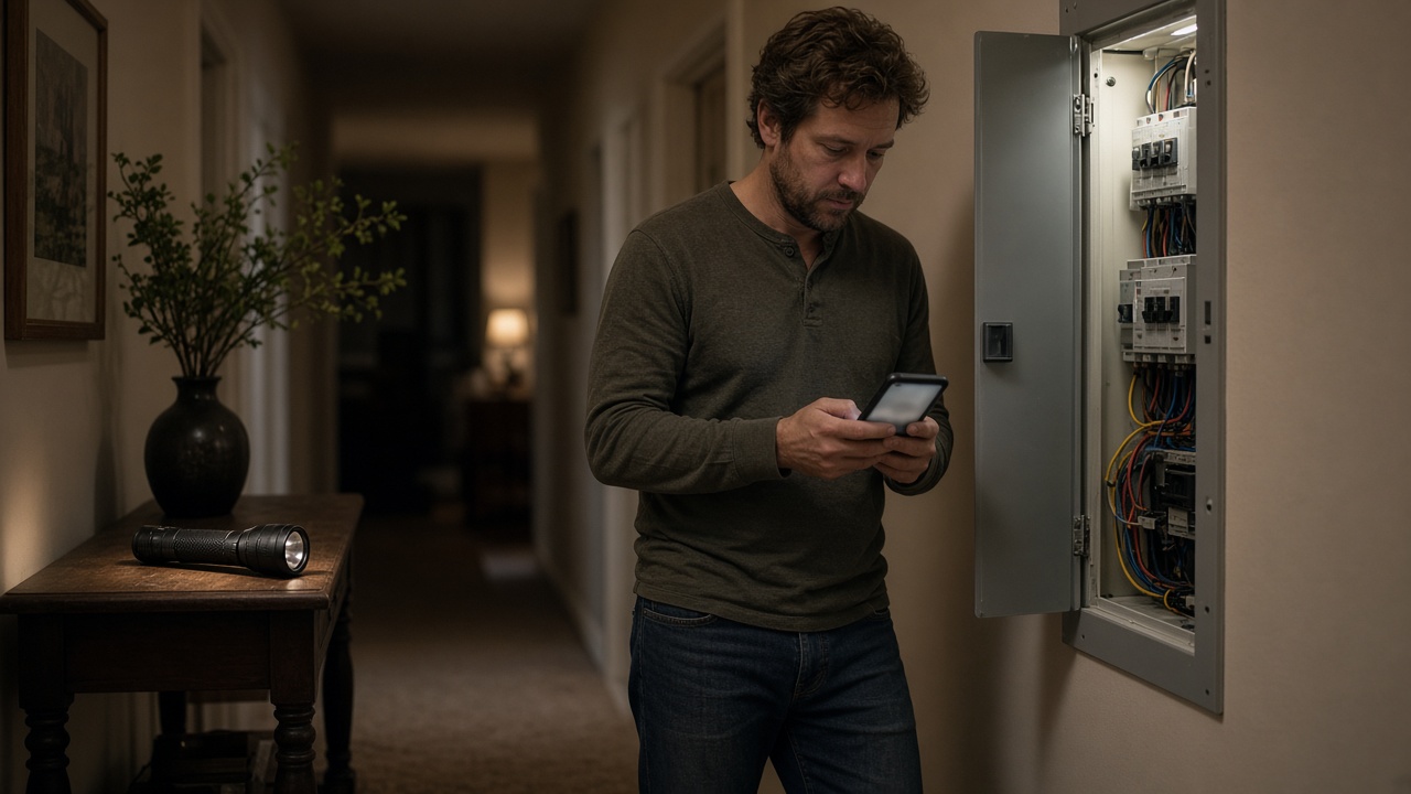 A homeowner looking at a phone near an electrical closet.