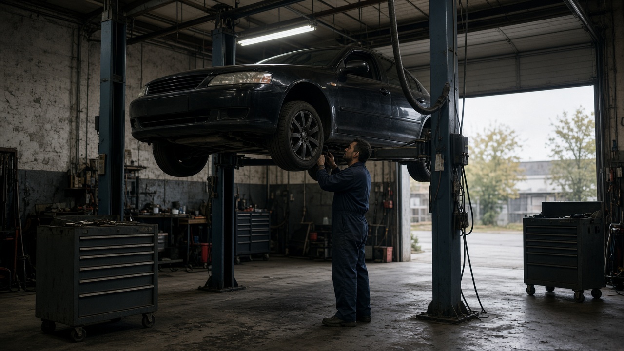 A sedan on a lift in an independent auto shop bay.