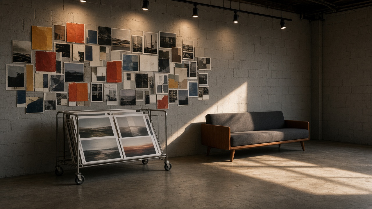 A studio wall of photo prints and color swatches under track lighting.