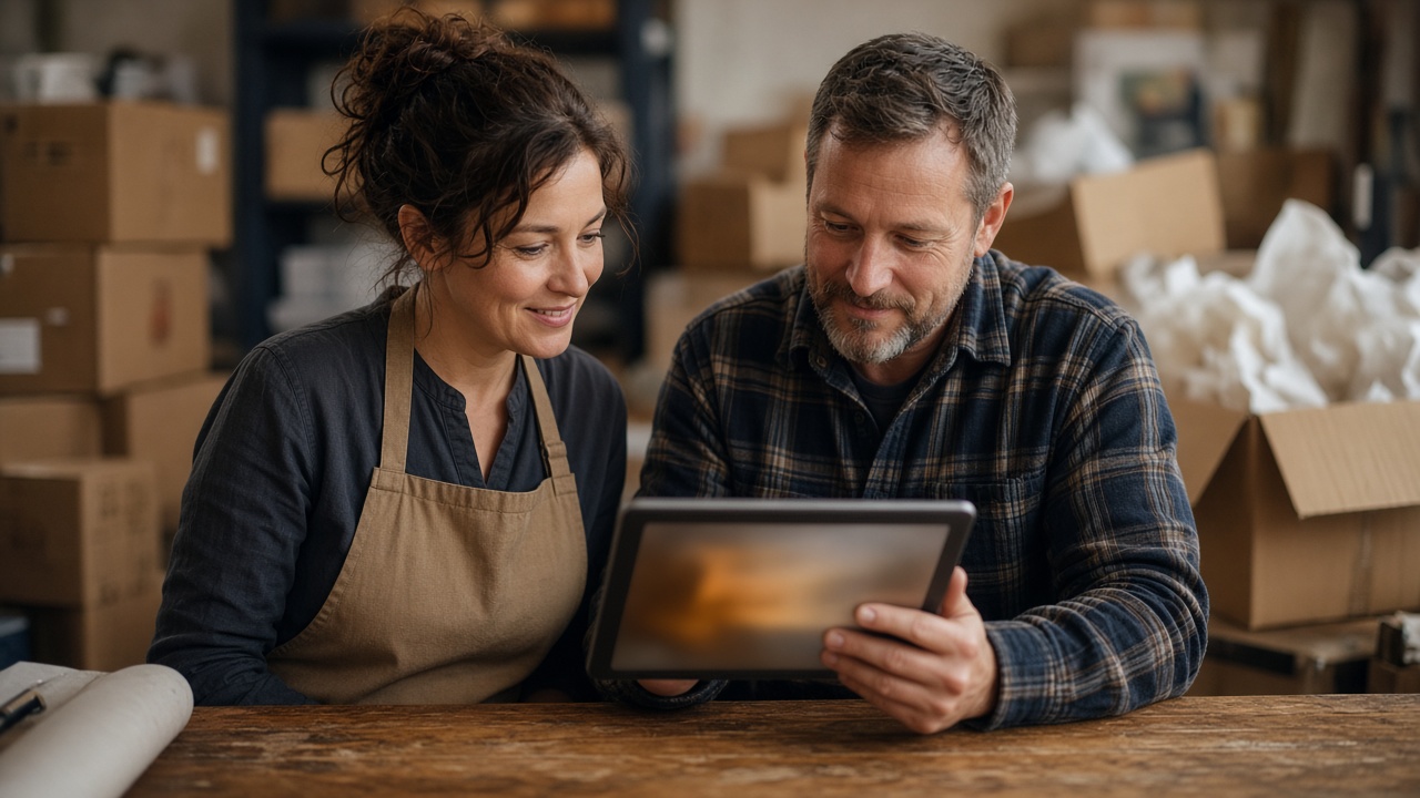Two shopkeepers behind a wooden counter reviewing sales on a tablet.