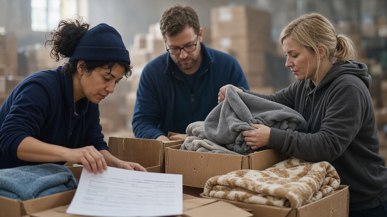 Three volunteers sorting donated blankets into boxes.