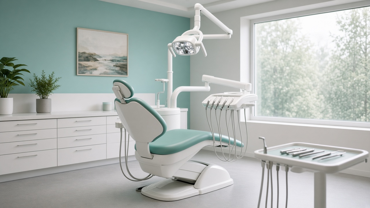 An empty dental operatory with a chair, overhead light, and a window.