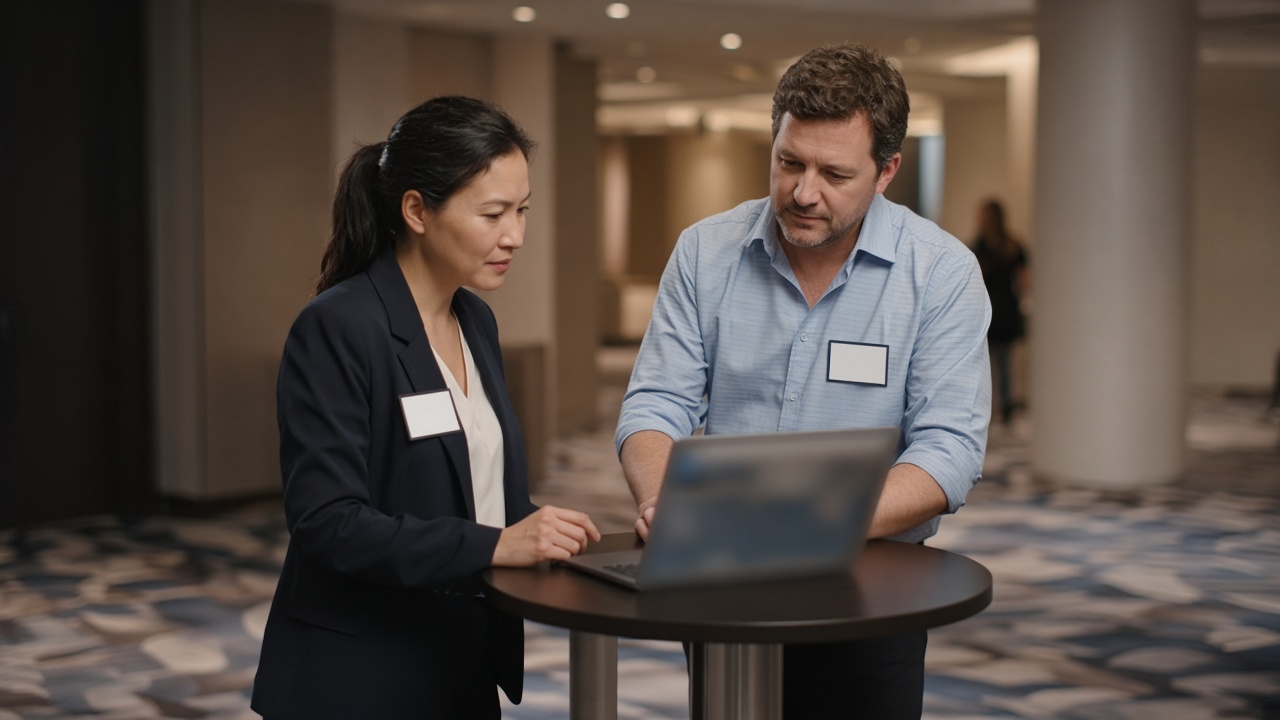 Two event organizers at a high-top table reviewing attendance on a laptop.