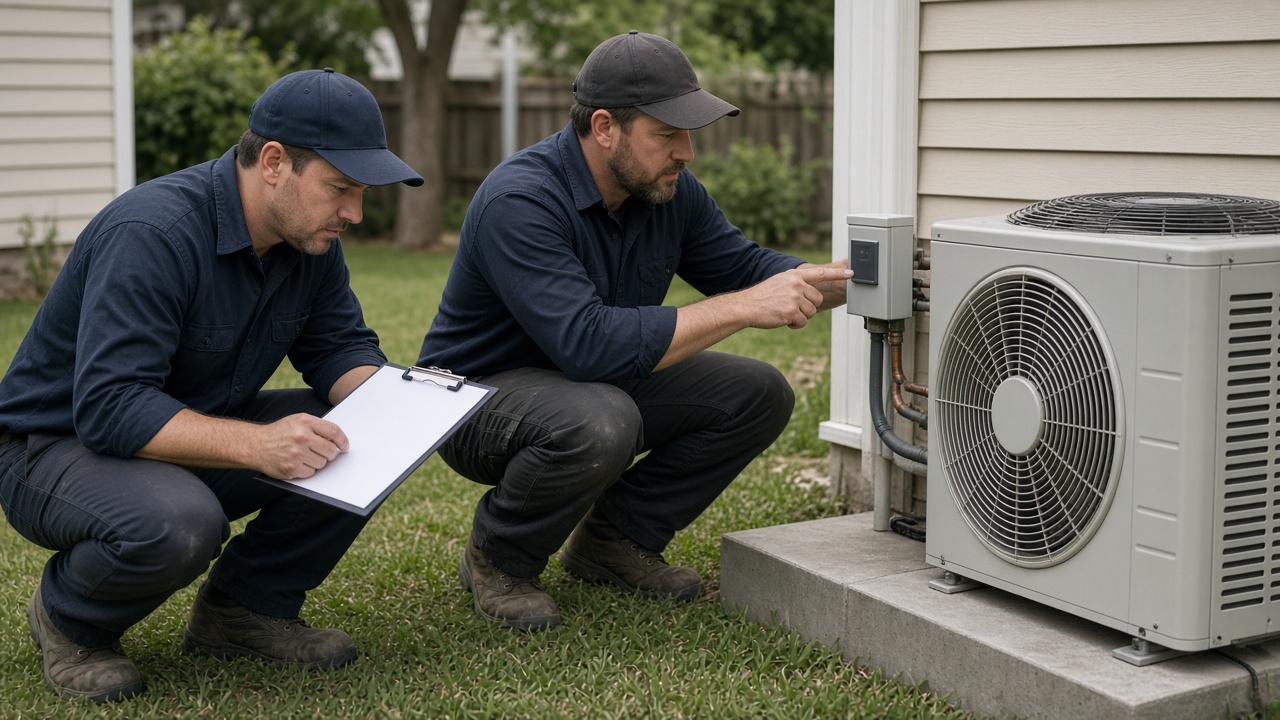 Two HVAC technicians reviewing an outdoor condenser install.