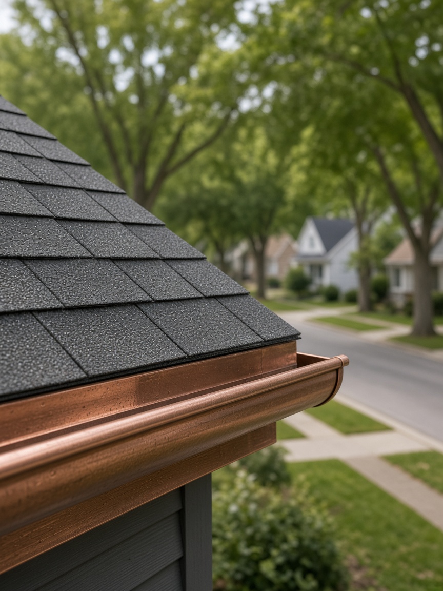 A finished residential roof edge with shingles and a gutter.