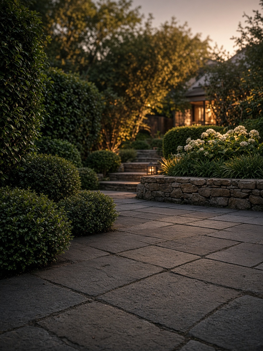 A finished backyard with a stone patio and trimmed hedges.