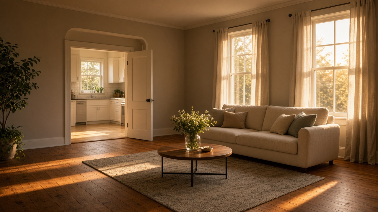 An empty staged living room with a cream sofa and golden hour light.