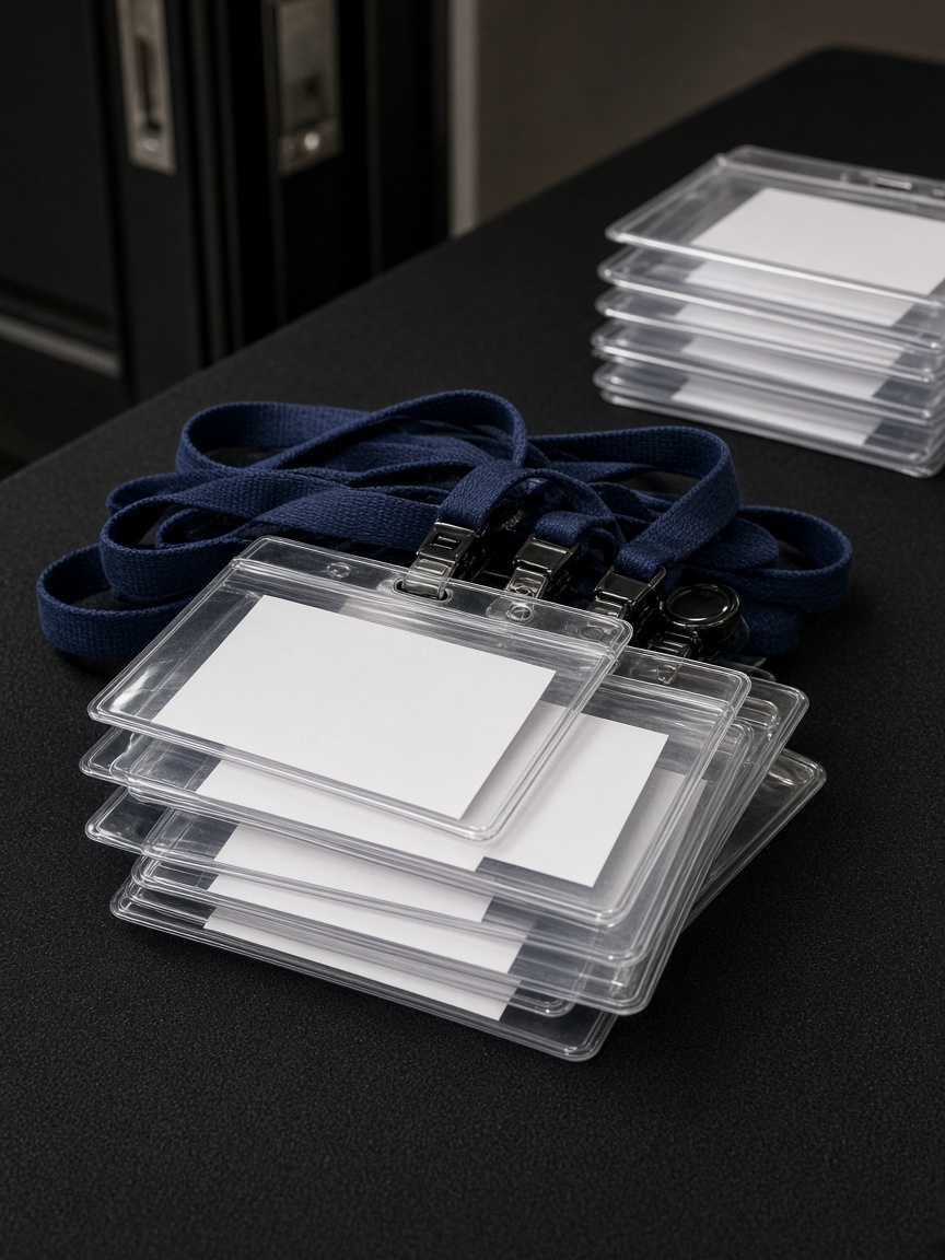 Blank conference lanyards stacked on a registration table.