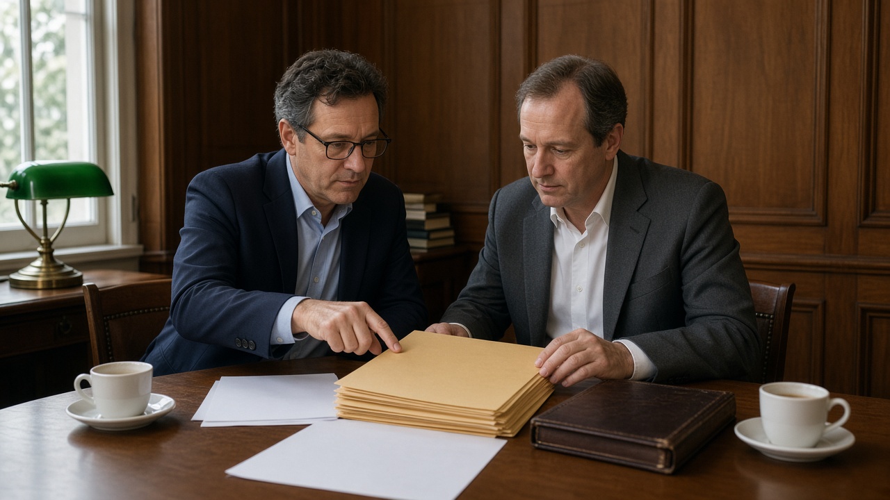 Two accountants at a conference table reviewing folders and a ledger.