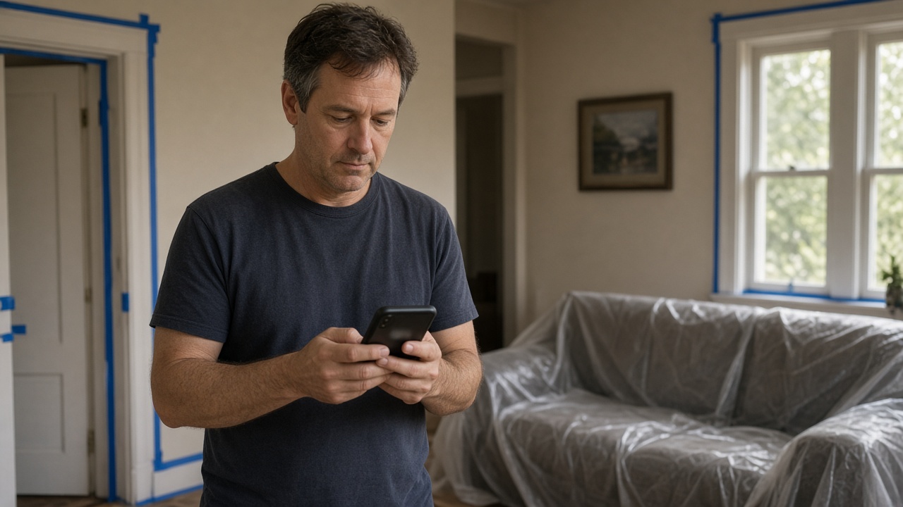 A homeowner looking at a phone in a living room mid-renovation.