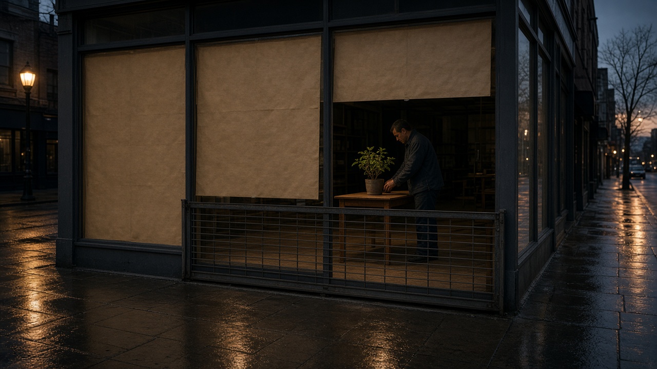 An empty papered storefront at dusk with someone arranging a display table inside.