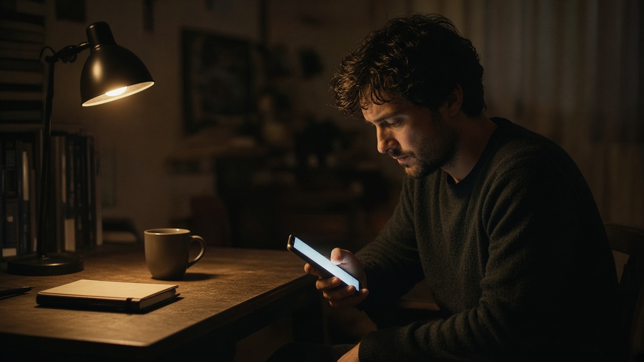 A person at a writing desk looking something up on a phone.