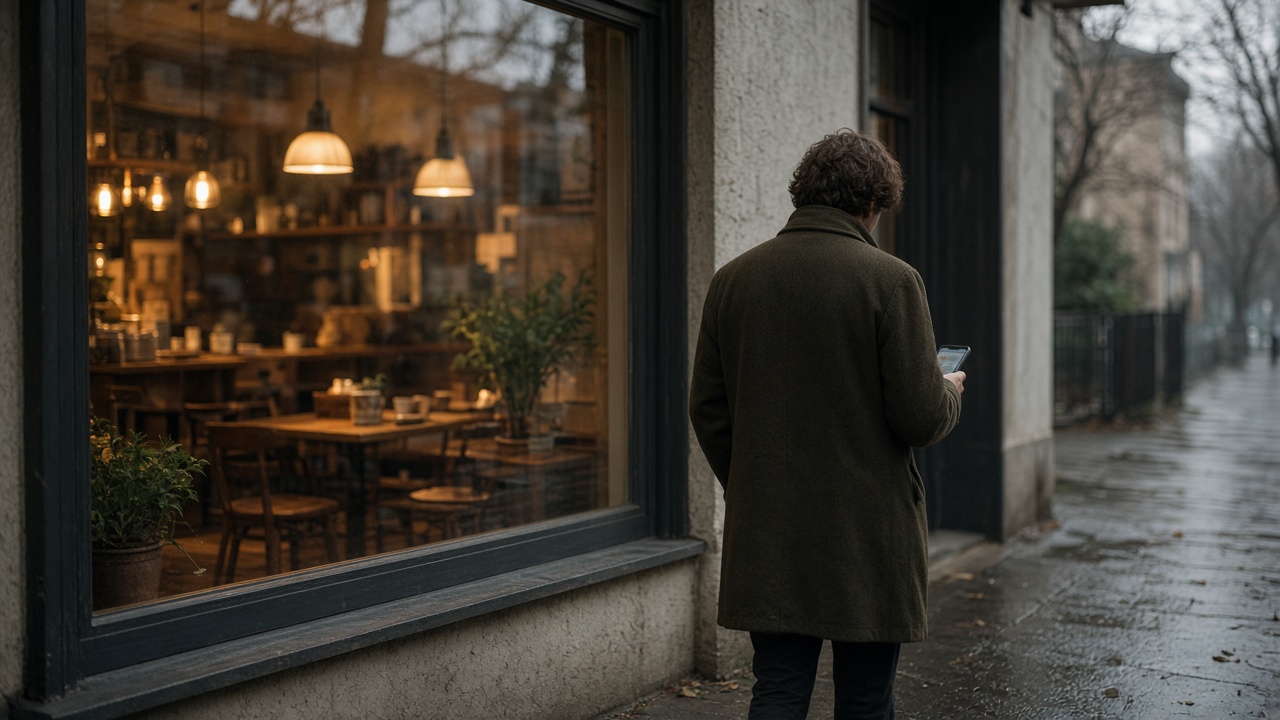 A person looking at a phone on the sidewalk outside a cafe.