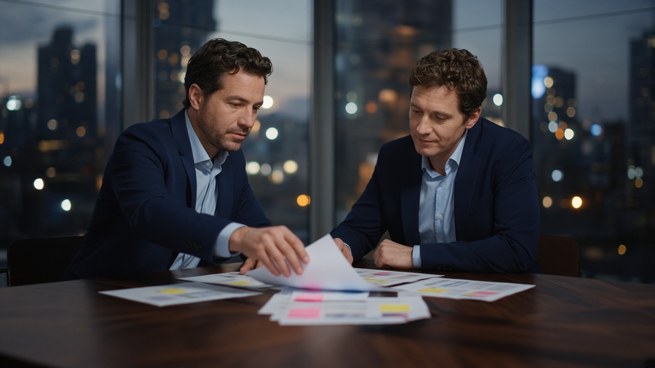 Two consultants at a conference table reviewing printed decks.