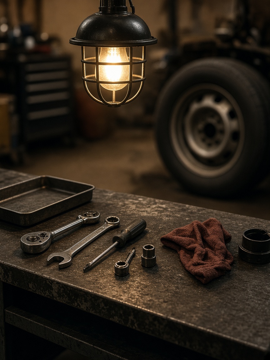 A tidy auto shop workbench with tools and a hanging work light.