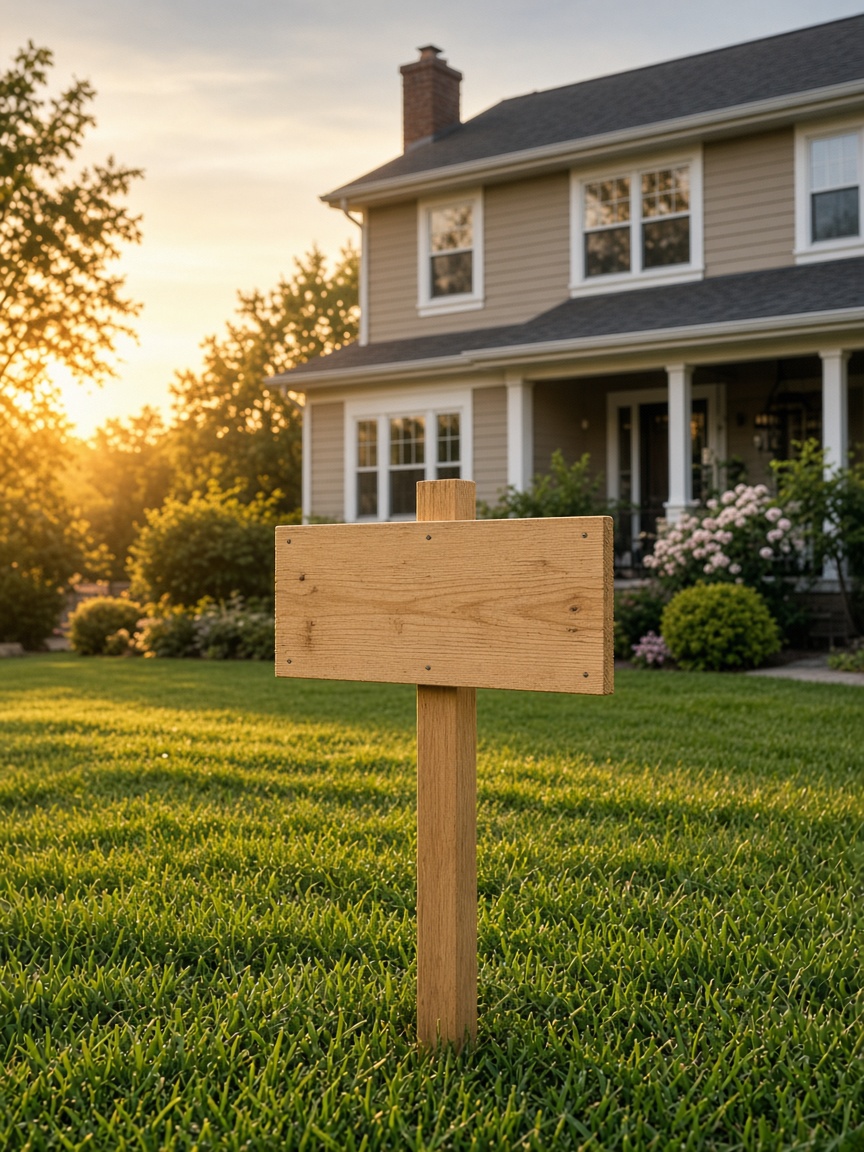 A blank open-house sign on a front lawn at golden hour.