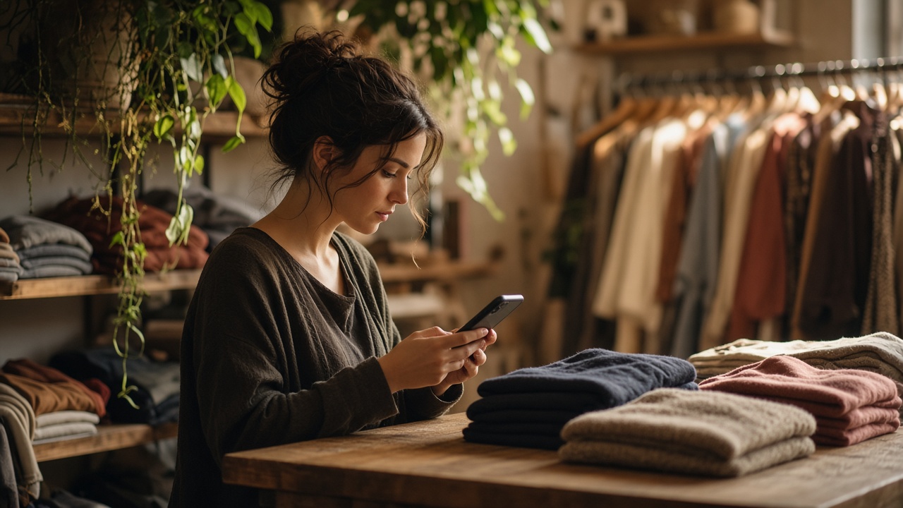A person at a boutique counter looking at a phone.