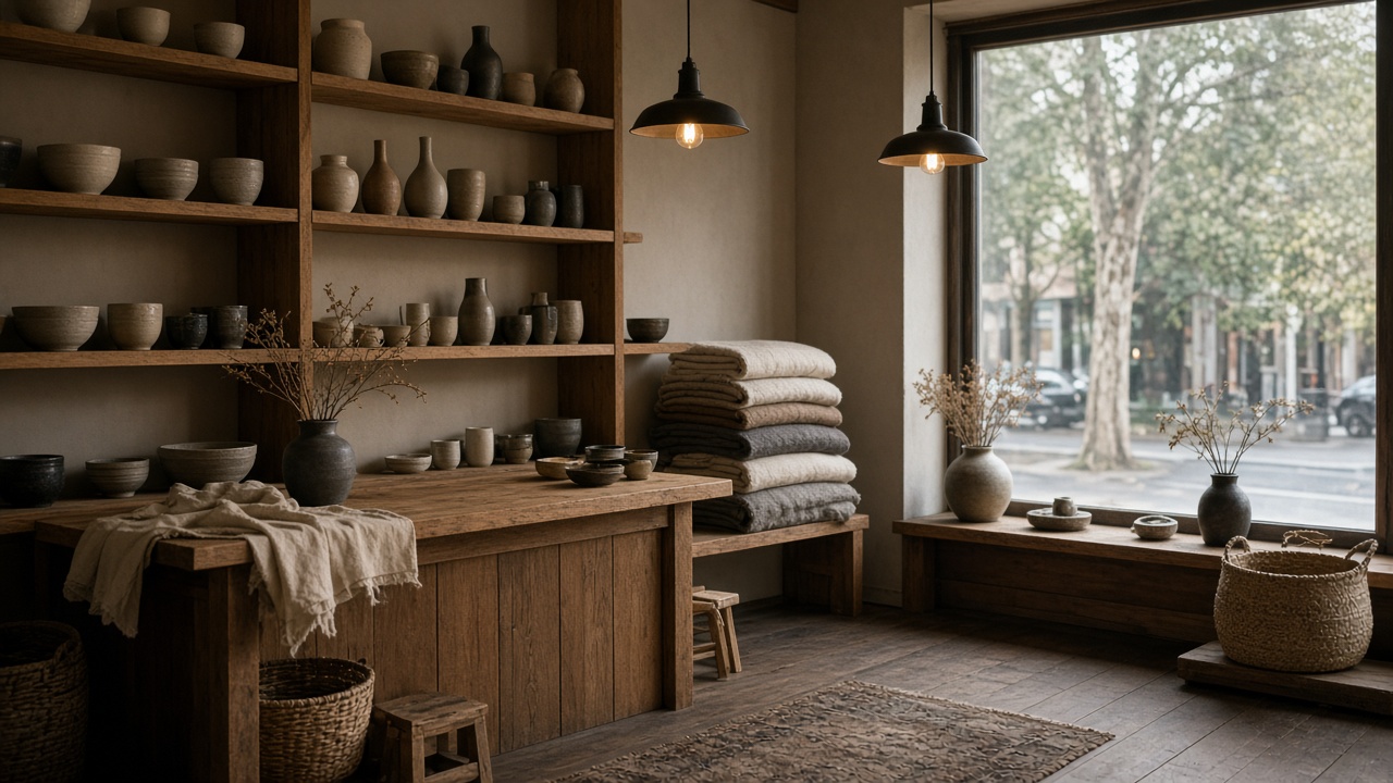 A small retail shop with wood shelves, ceramics, and a front counter.