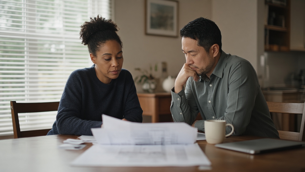 Two people at a dining table reviewing printed cards and a site printout.