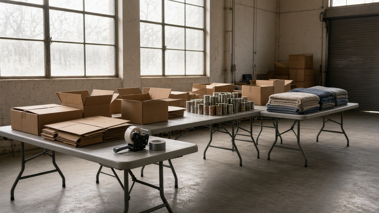 An empty nonprofit packing room with boxes, canned goods, and blankets.