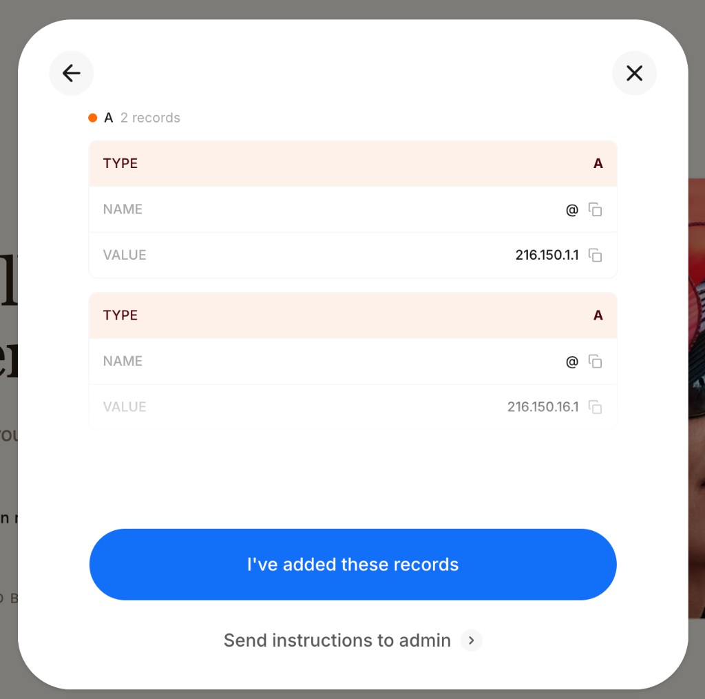 Two A records named @ with Frontpage IP addresses, plus I've added these records