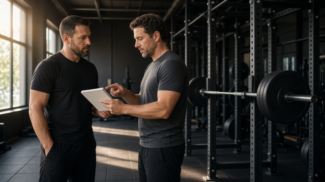 Two coaches reviewing a barbell setup beside a squat rack.