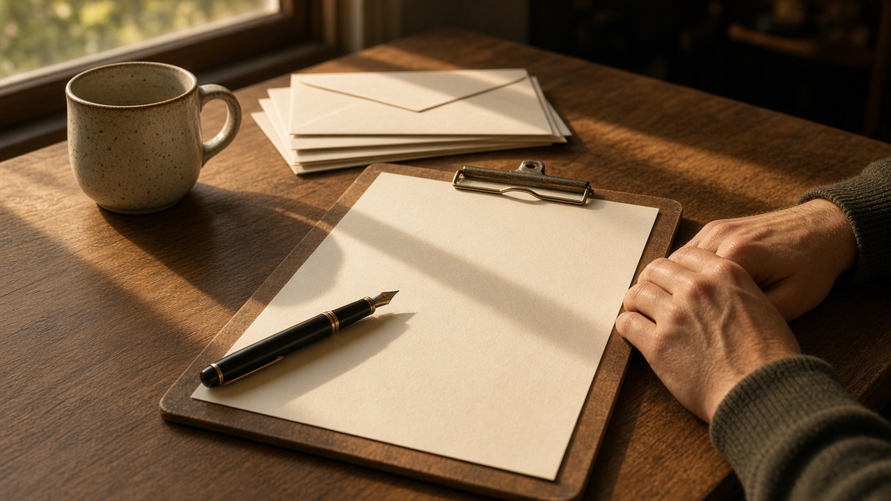 A sunlit desk with a clipboard, pen, and blank paper ready for a signup form.