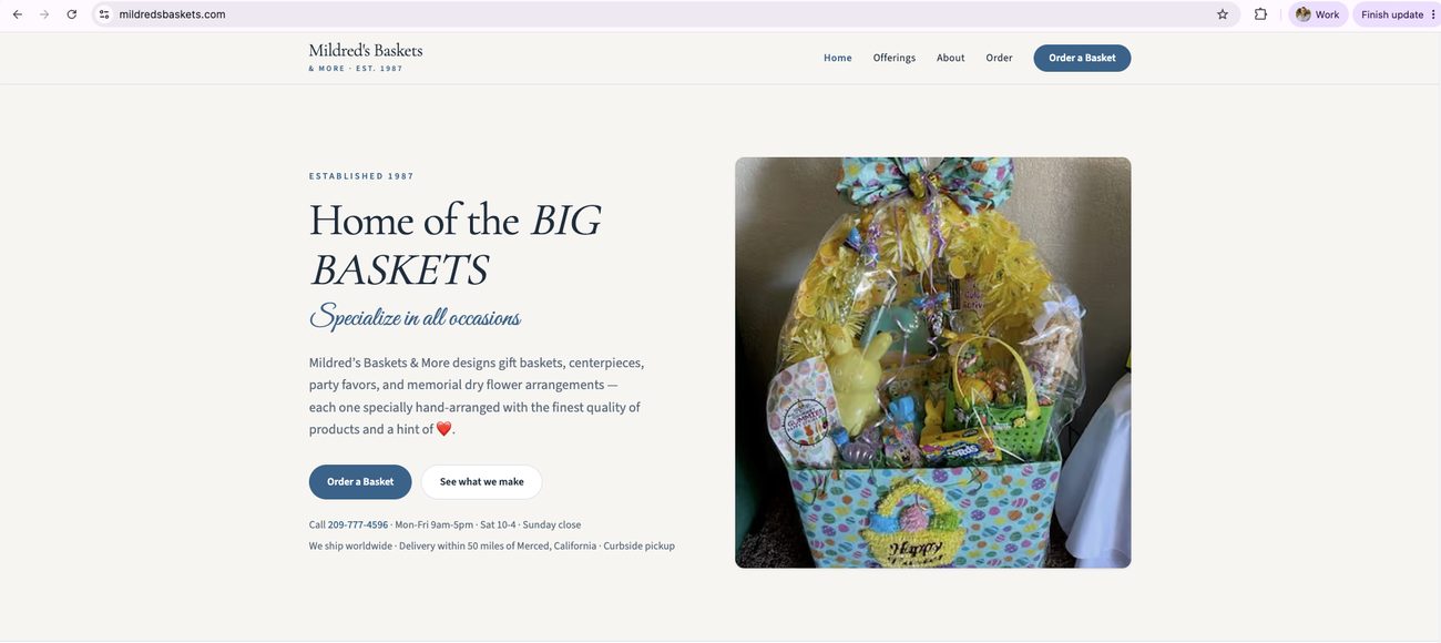 Mildred's Baskets homepage built on Frontpage
