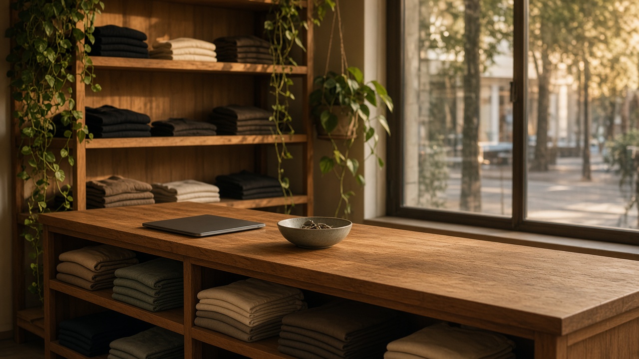 A person at a boutique retail counter with folded clothes and hanging plants.