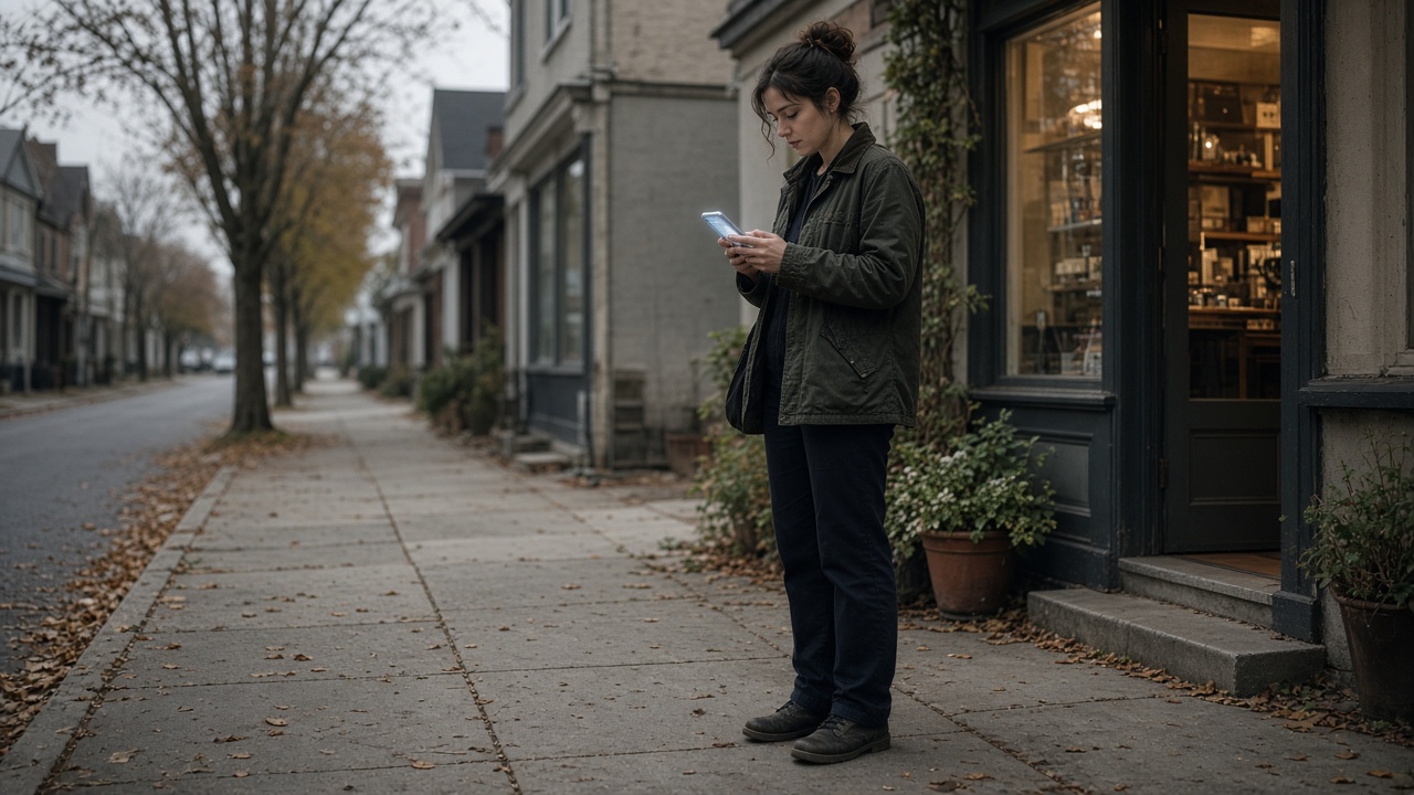 A person on a sidewalk looking something up on a phone near a small storefront.