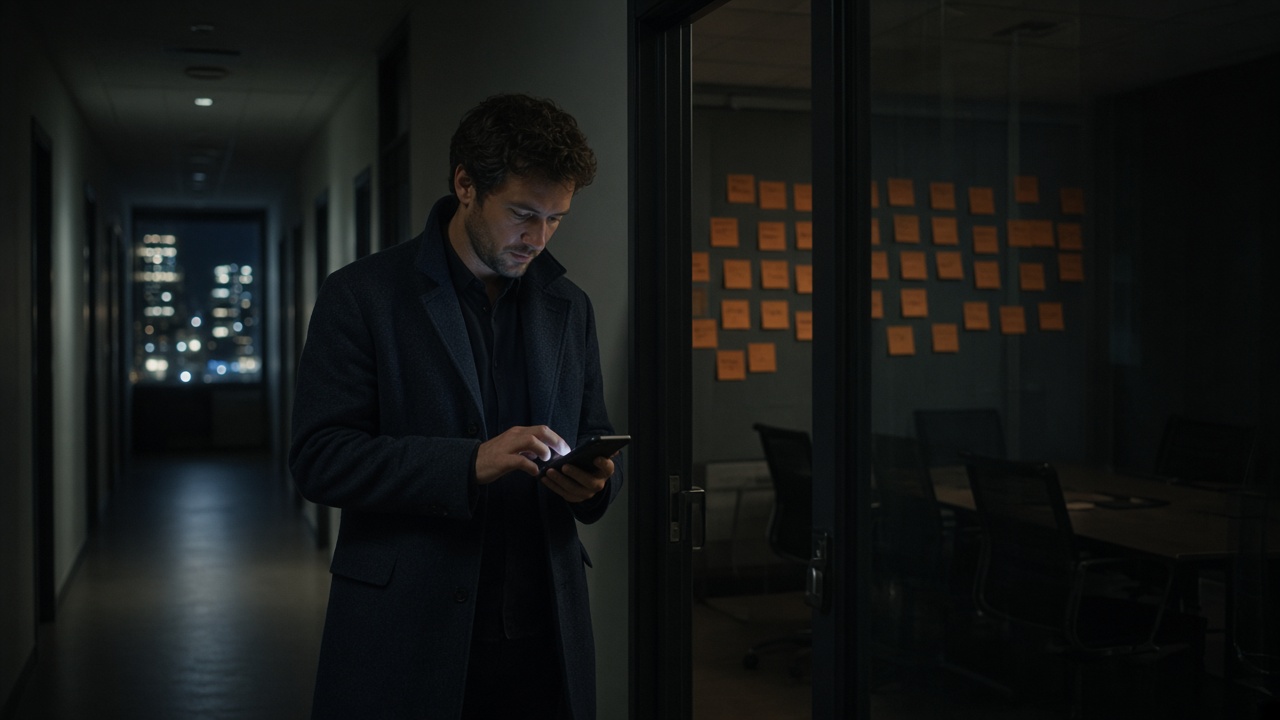 A person in a dim hallway looking at a phone.